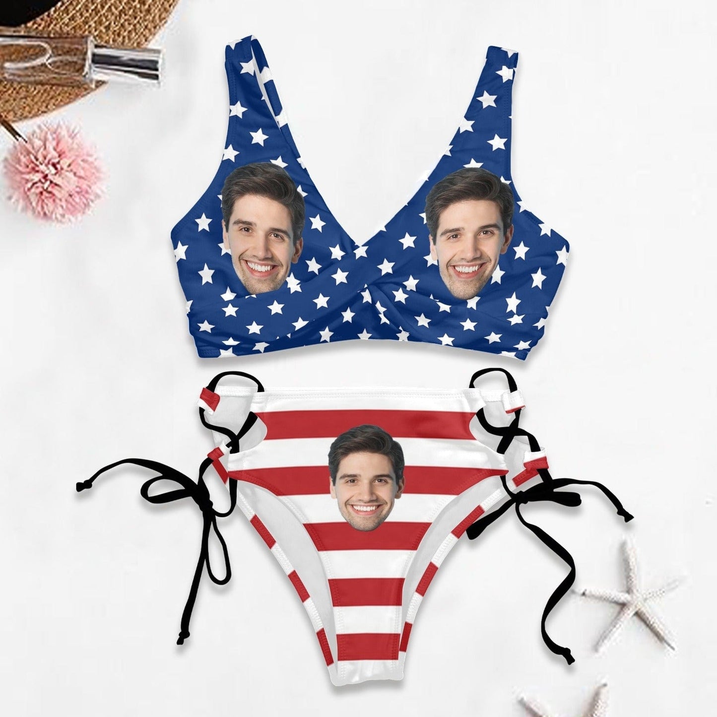 Custom Custom Face American Flag Front Cross Tie Side Bikini Set Personalized Two Piece Swimsuit Bathing Suit - YesCustom