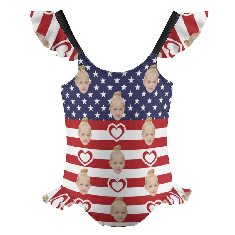 Custom Custom Face American Flag Girls' Swimsuit One Piece Swimwear For Kids 6-12years - YesCustom