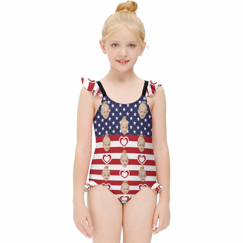 Custom Custom Face American Flag Girls' Swimsuit One Piece Swimwear For Kids 6-12years - YesCustom