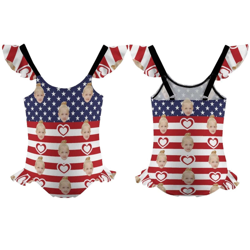 Custom Custom Face American Flag Girls' Swimsuit One Piece Swimwear For Kids 6-12years - YesCustom