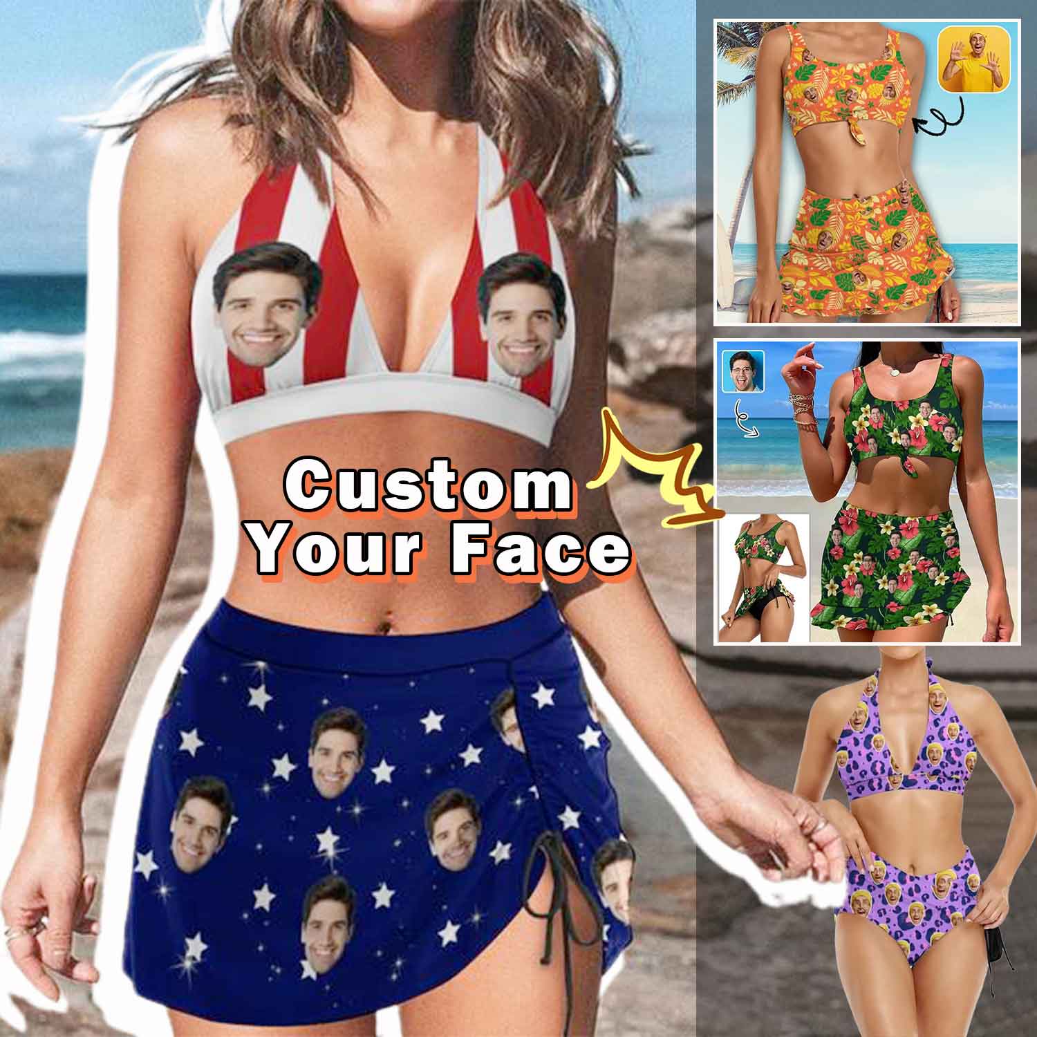 Custom Custom Face American Flag Halter Neck Bikini Set Personalized Drawstring Bikini Skirt - YesCustom