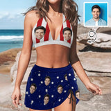 Custom Custom Face American Flag Halter Neck Bikini Set Personalized Drawstring Bikini Skirt - YesCustom