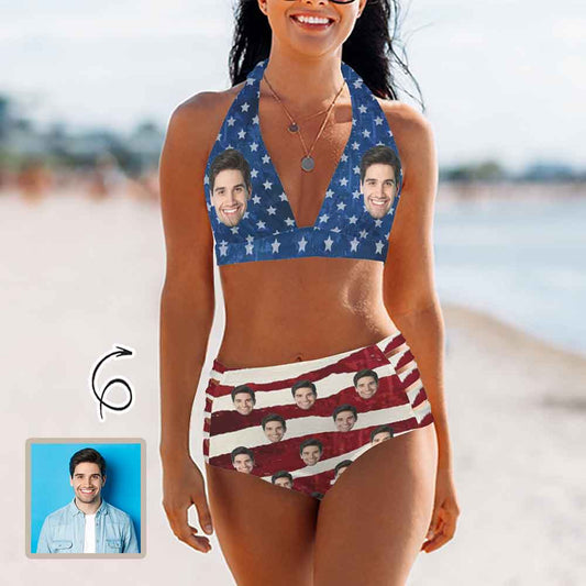 Custom Custom Face American Flag Halterneck String Bikini Personalized High Waist Two-piece Bikini Swimsuit - YesCustom