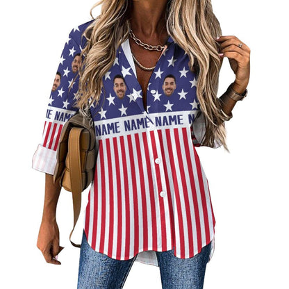 Custom Custom Face American Flag Hawaiian Shirts Women's Casual Long Sleeve Cropped Hem Shirt - YesCustom