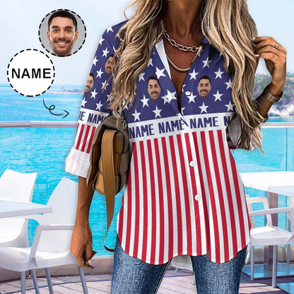 Custom Custom Face American Flag Hawaiian Shirts Women's Casual Long Sleeve Cropped Hem Shirt - YesCustom