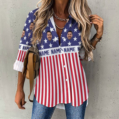 Custom Custom Face American Flag Hawaiian Shirts Women's Casual Long Sleeve Cropped Hem Shirt - YesCustom