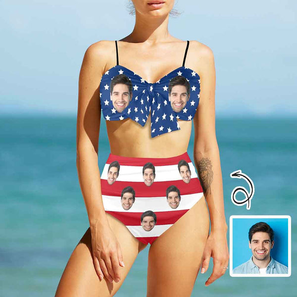 Custom Custom Face American Flag High Waist Bikini Personalized Chest Bow Two-piece Bikini Swimsuit Set - YesCustom