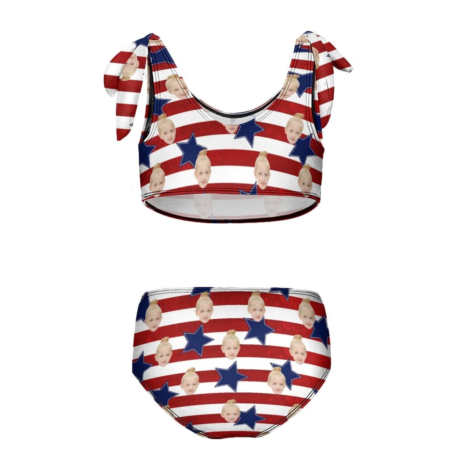 Custom Custom Face American Flag Kid's Strap Swimsuit Put Your Face on Custom Swimwear - YesCustom