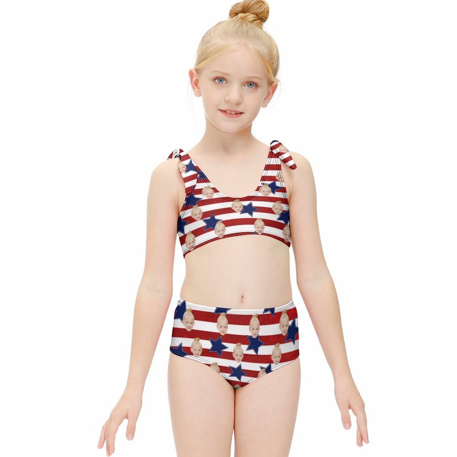 Custom Custom Face American Flag Kid's Strap Swimsuit Put Your Face on Custom Swimwear - YesCustom