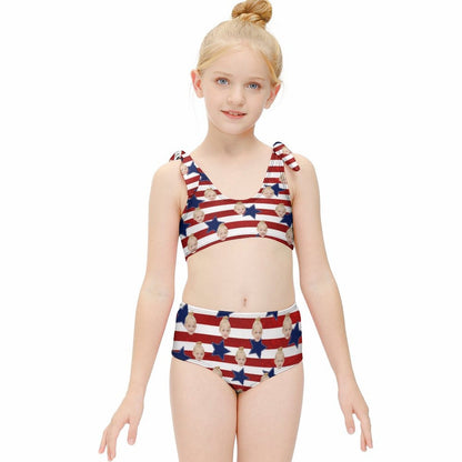 Custom Custom Face American Flag Kid's Strap Swimsuit Put Your Face on Custom Swimwear - YesCustom