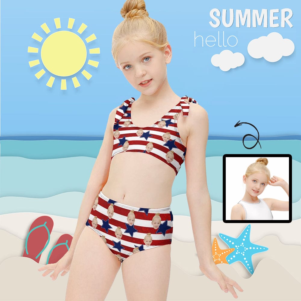 Custom Custom Face American Flag Kid's Strap Swimsuit Put Your Face on Custom Swimwear - YesCustom