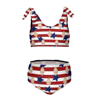 Custom Custom Face American Flag Kid's Strap Swimsuit Put Your Face on Custom Swimwear - YesCustom