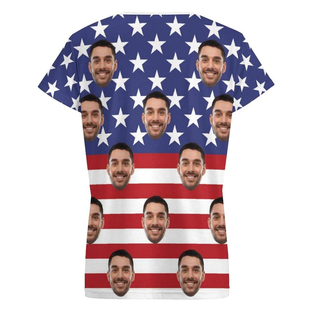 Custom Custom Face American Flag Matching Couple All Over Print T-Shirts Made for Girlfriend Boyfriend - YesCustom