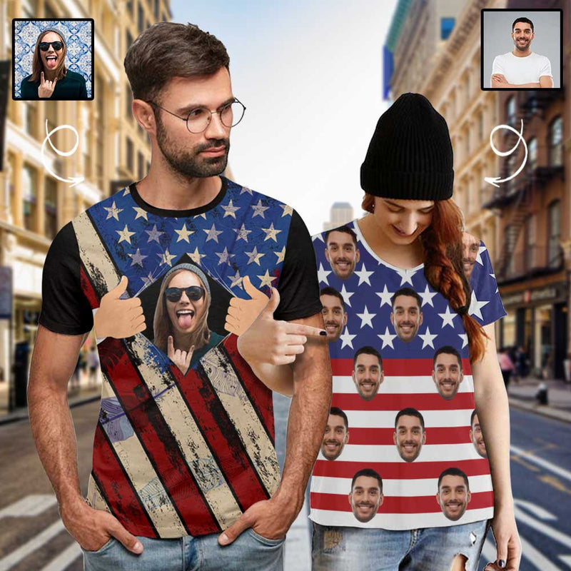 Custom Custom Face American Flag Matching Couple All Over Print T-Shirts Made for Girlfriend Boyfriend - YesCustom