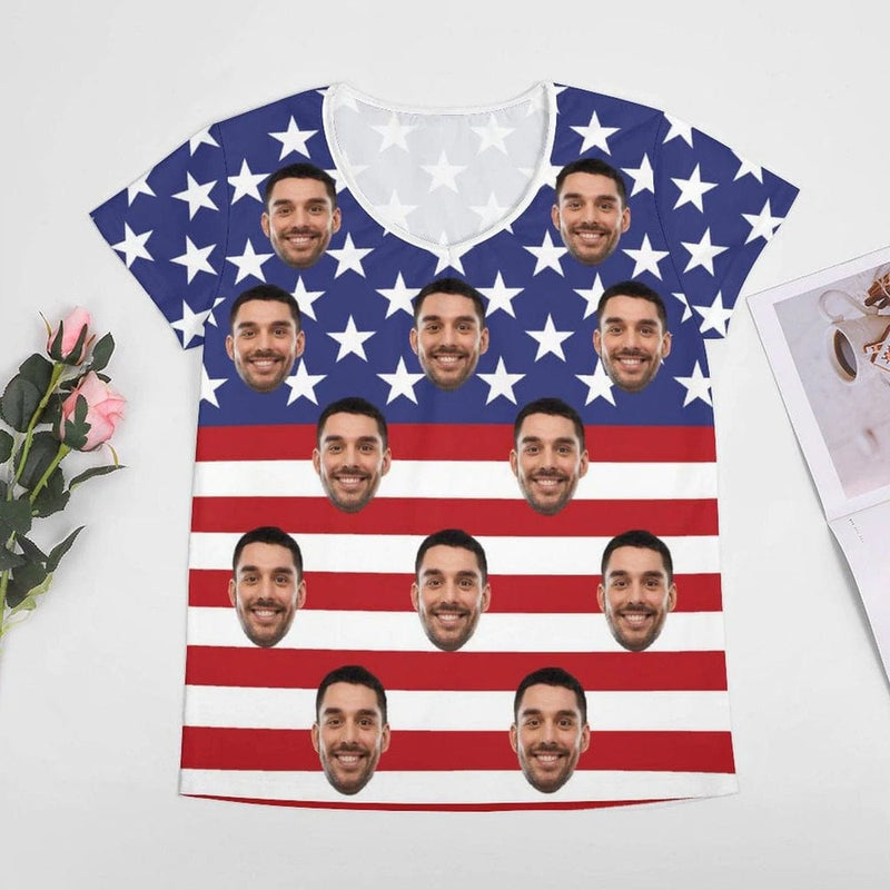 Custom Custom Face American Flag Matching Couple All Over Print T-Shirts Made for Girlfriend Boyfriend - YesCustom