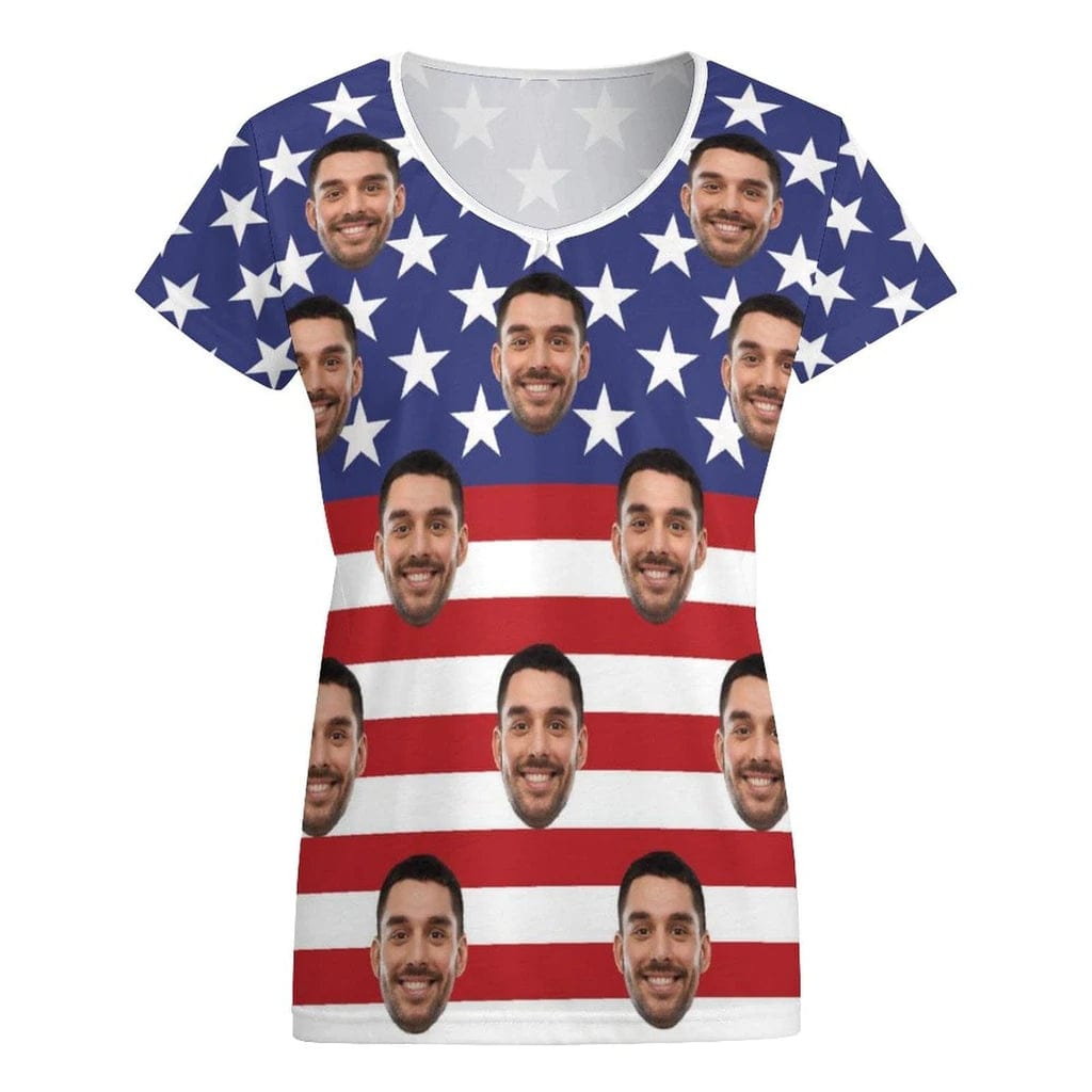 Custom Custom Face American Flag Matching Couple All Over Print T-Shirts Made for Girlfriend Boyfriend - YesCustom