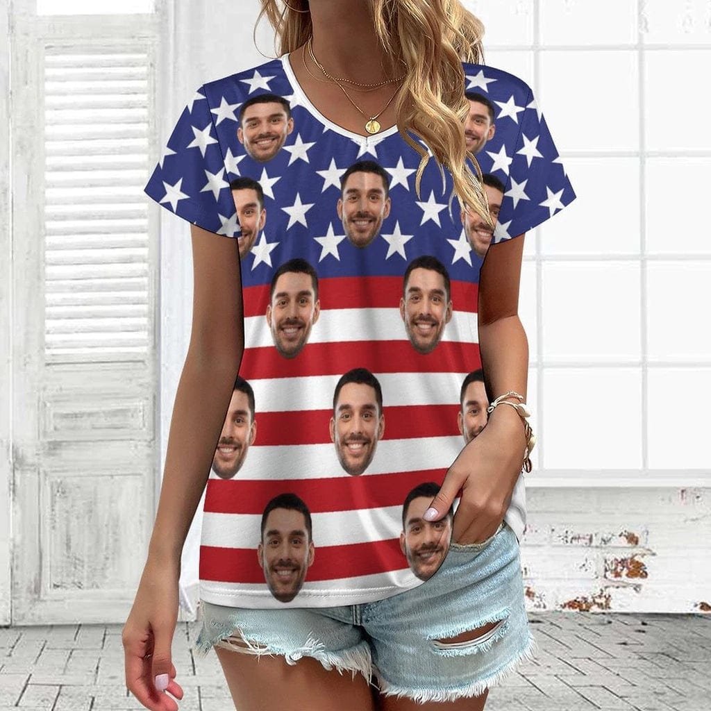 Custom Custom Face American Flag Matching Couple All Over Print T-Shirts Made for Girlfriend Boyfriend - YesCustom