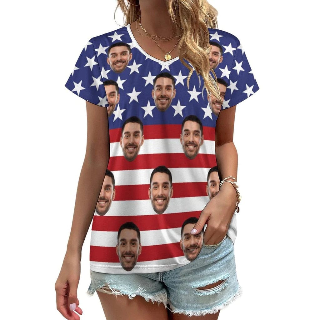 Custom Custom Face American Flag Matching Couple All Over Print T-Shirts Made for Girlfriend Boyfriend - YesCustom