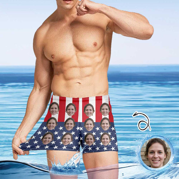 Custom Custom Face American Flag Men's Athletic Swim Jammers Quick Dry Waterproof Compression Square Leg Swim Briefs Swimsuit - YesCustom