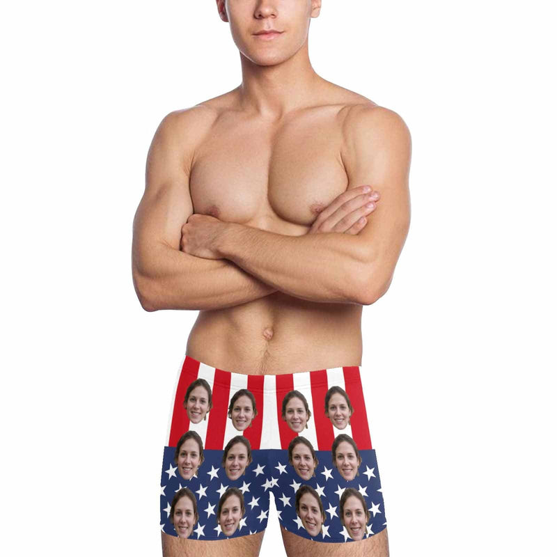 Custom Custom Face American Flag Men's Athletic Swim Jammers Quick Dry Waterproof Compression Square Leg Swim Briefs Swimsuit - YesCustom