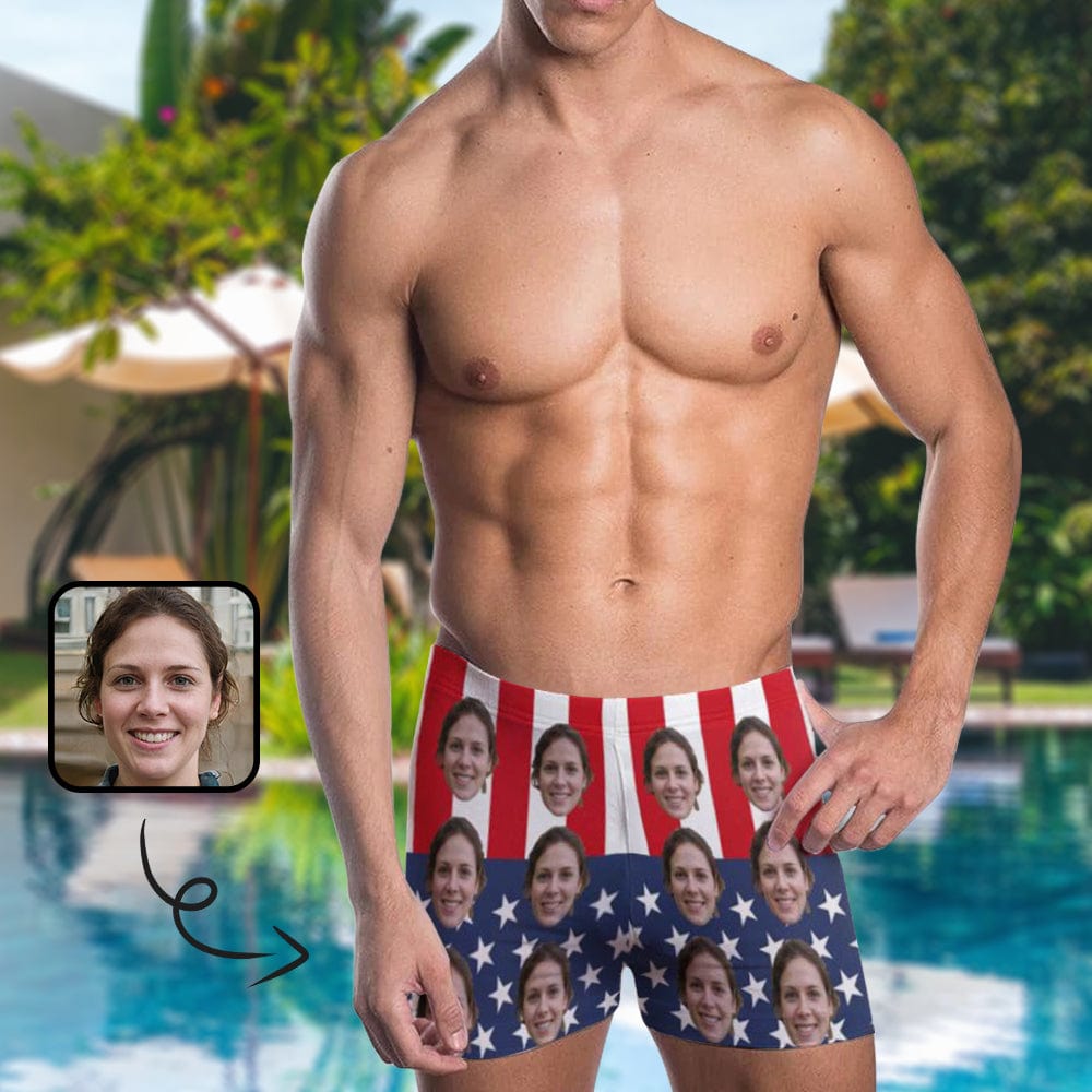 Custom Custom Face American Flag Men's Athletic Swim Jammers Quick Dry Waterproof Compression Square Leg Swim Briefs Swimsuit - YesCustom