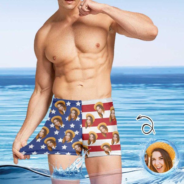Custom Custom Face American Flag Men's Athletic Swim Jammers Quick Dry Waterproof Compression Square Leg Swim Briefs Swimsuit - YesCustom