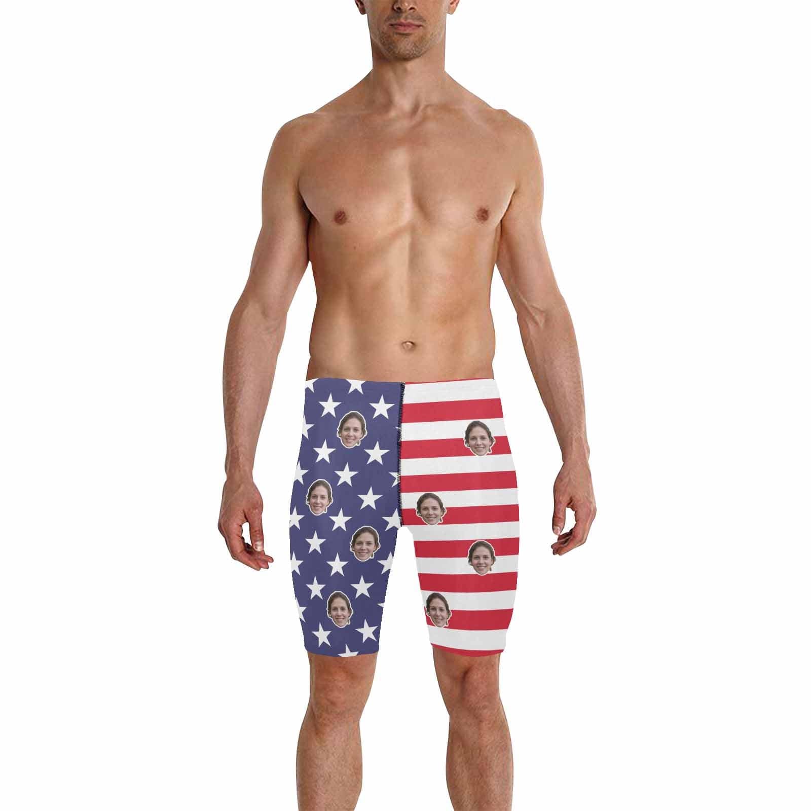 Custom Custom Face American Flag Men's Knee Surf Shorts Rash Guard Swim Trunks Mens Personalized Swimsuit Bathing Suit With Girlfriend's Face on - YesCustom