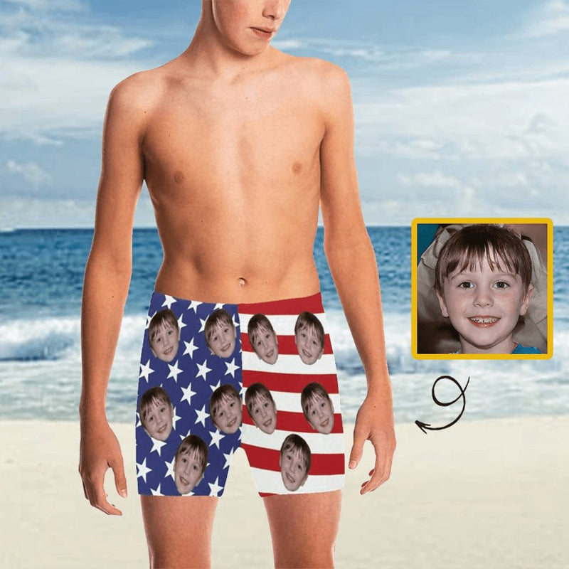 Custom Custom Face American Flag Men's Quick Dry Shorts Personalized Swim Trunks with Side Zipper Pocket Surfing Square Leg Board Shorts - YesCustom
