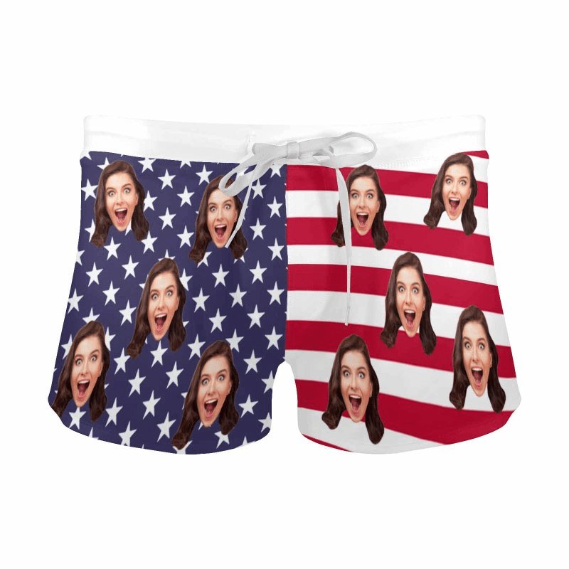 Custom Custom Face American Flag Men's Swimwear Short Swim Trunks with Zipper Pocket Personalized Surfing Square Leg Board Shorts - YesCustom