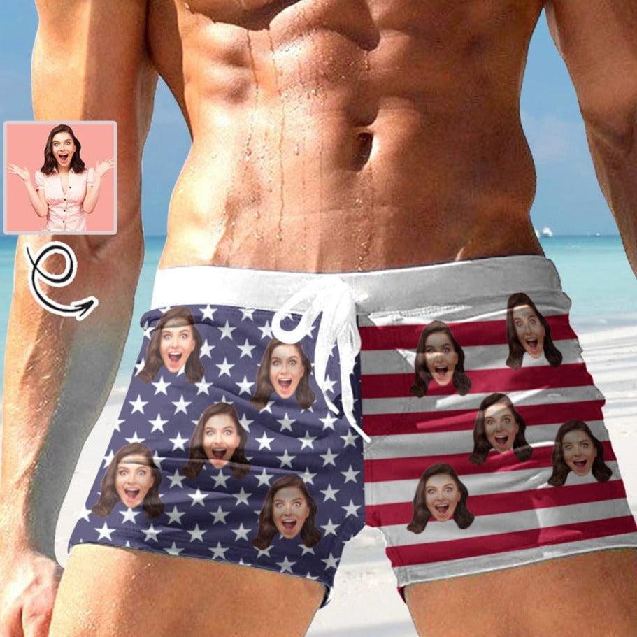 Custom Custom Face American Flag Men's Swimwear Short Swim Trunks with Zipper Pocket Personalized Surfing Square Leg Board Shorts - YesCustom