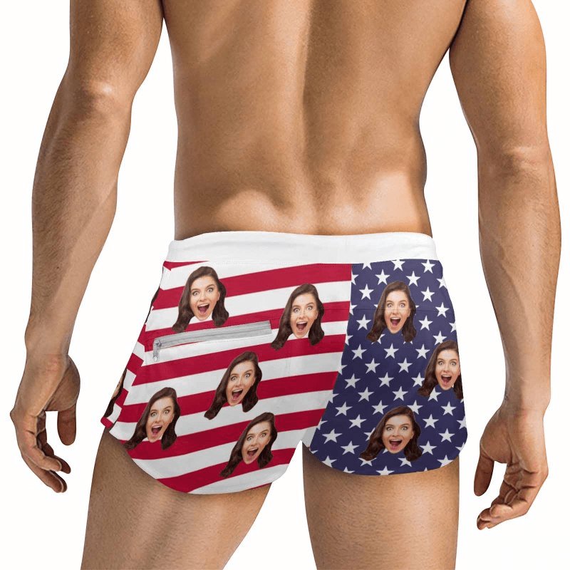 Custom Custom Face American Flag Men's Swimwear Short Swim Trunks with Zipper Pocket Personalized Surfing Square Leg Board Shorts - YesCustom