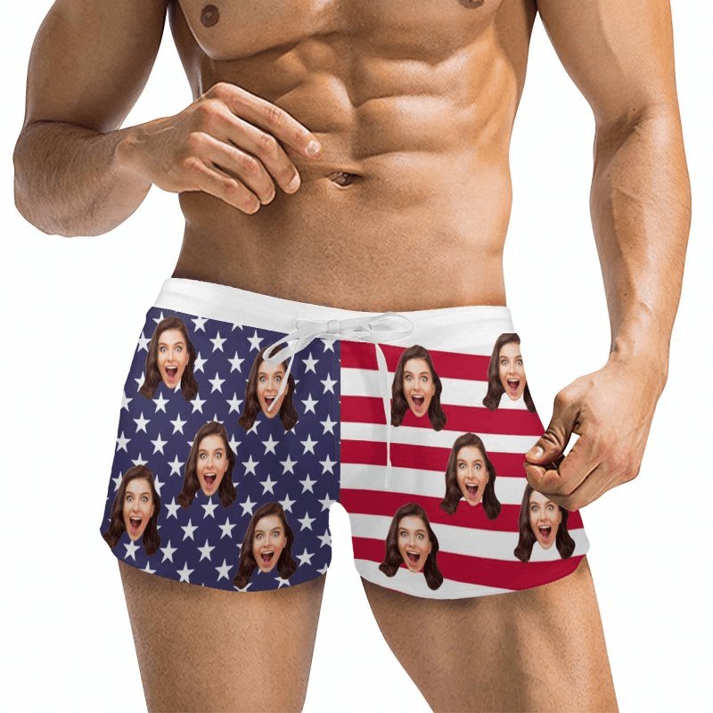 Custom Custom Face American Flag Men's Swimwear Short Swim Trunks with Zipper Pocket Personalized Surfing Square Leg Board Shorts - YesCustom