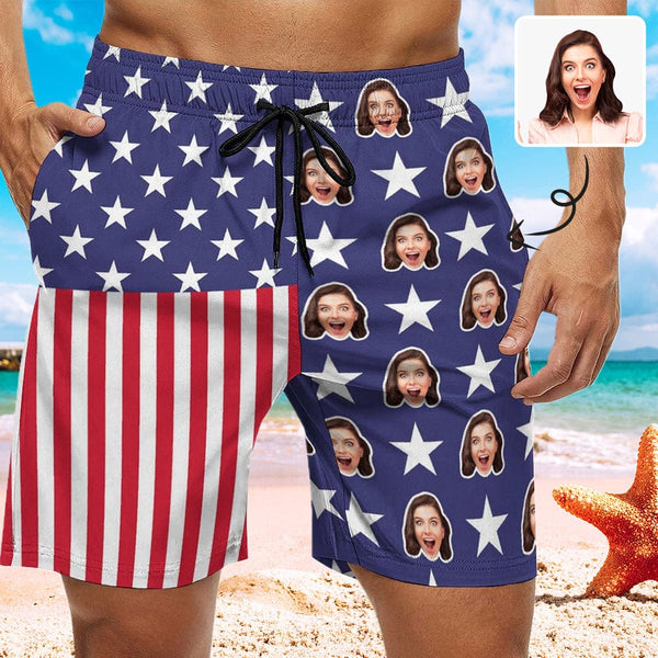 Custom Custom Face American Flag Pentagram Men's Quick-drying Beach Shorts - YesCustom