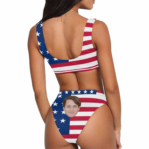 Custom Custom Face American Flag Scoop Neck Sport Top High Waisted Bikini Swimsuits Personalized Women's Two Piece Bathing Suit Beach Outfits - YesCustom