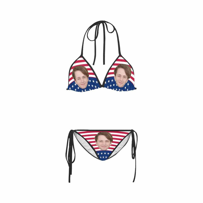 Custom Custom Face American Flag String Halter Tie Side Low Waisted Triangle Bikini Personalized Bathing Suit Women's Two Piece Swimsuit Summer Beach Pool Outfits - YesCustom