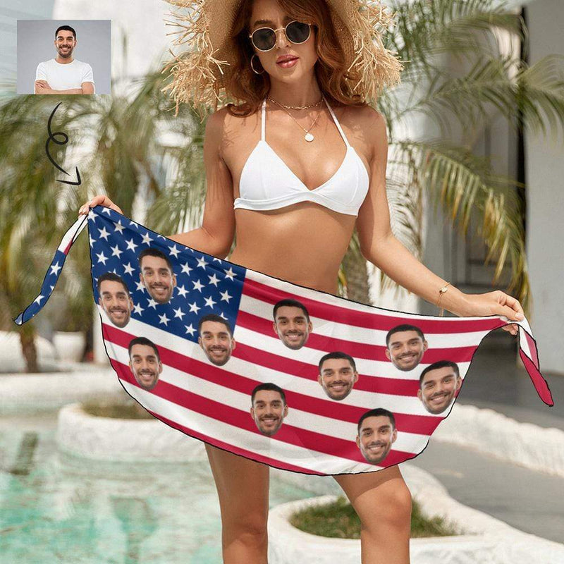 Custom Custom Face American Flag Swim Bikini Coverup Personalised Short Sarongs Beach Wrap For Women Girls - YesCustom