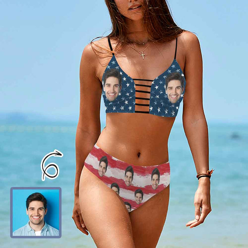 Custom Custom Face American Flag Tie Cutout Bikini Set Personalized Low Waisted Bikini Swimsuit Beach Outfits - YesCustom