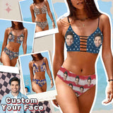 Custom Custom Face American Flag Tie Cutout Bikini Set Personalized Low Waisted Bikini Swimsuit Beach Outfits - YesCustom