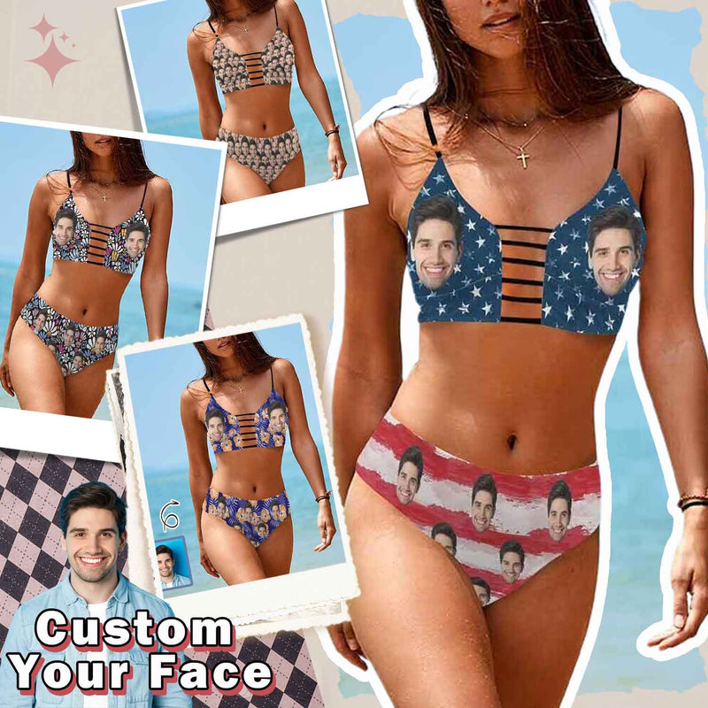 Custom Custom Face American Flag Tie Cutout Bikini Set Personalized Low Waisted Bikini Swimsuit Beach Outfits - YesCustom