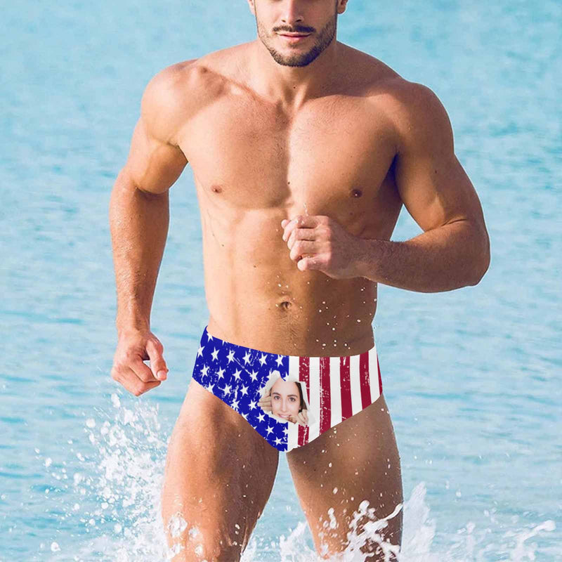 Custom Custom Face American Flag Triangle Swim Briefs Design Broken Paper Men's Swim Shorts for Pool Party - YesCustom