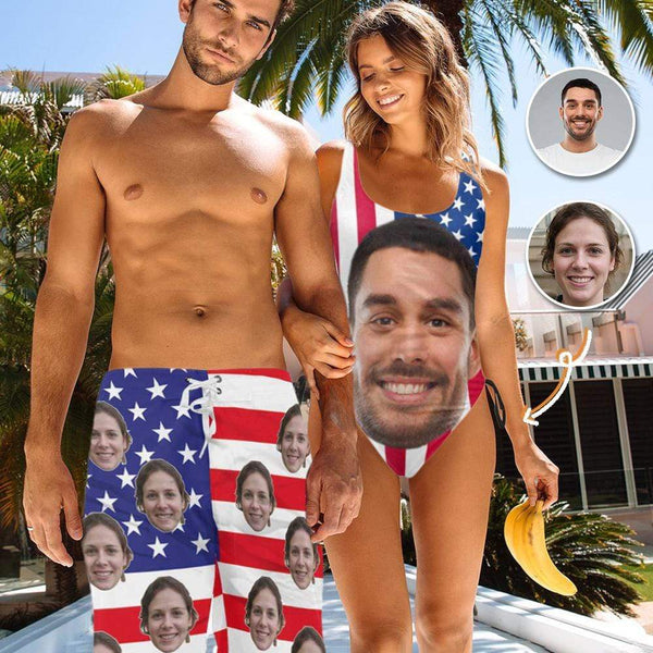 Custom Custom Face American Flag White Star Personalized Men's Beach Shorts&Women's Bathing Suit Honeymoons Swimsuits - YesCustom