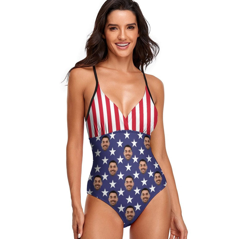 Custom Custom Face American Flag Women's One Piece Swimsuit - YesCustom