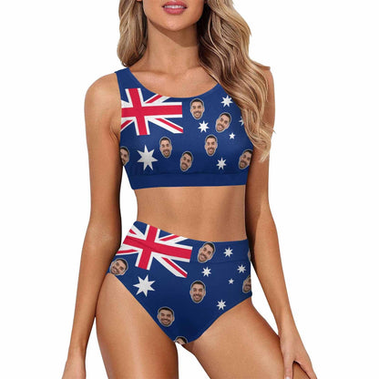 Custom Custom Face Australian Flag Swimsuit Personalized Women's Crop Top Bikini Set Bathing Suit - YesCustom