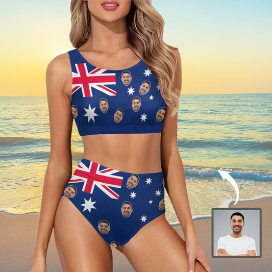 Custom Custom Face Australian Flag Swimsuit Personalized Women's Crop Top Bikini Set Bathing Suit - YesCustom