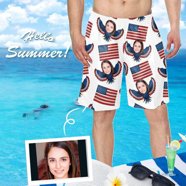 Custom Custom Face Eagle Flag Personalized Photo Men's Elastic Beach Shorts - YesCustom