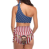 Custom Custom Face Eagle White&Red Stripes Stars Couple Matching Swimsuit One Shoulder Tie Bikini Men's Swim Shorts - YesCustom