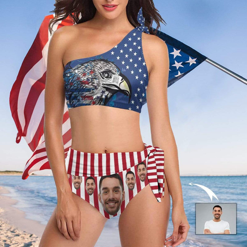 Custom Custom Face Eagle White&Red Stripes Stars Couple Matching Swimsuit One Shoulder Tie Bikini Men's Swim Shorts - YesCustom