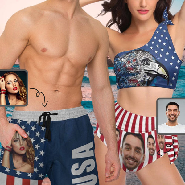 Custom Custom Face Eagle White&Red Stripes Stars Couple Matching Swimsuit One Shoulder Tie Bikini Men's Swim Shorts - YesCustom