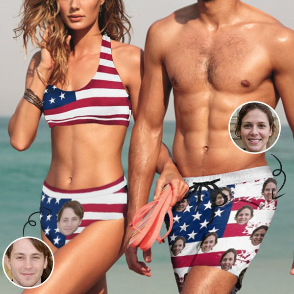 Custom Custom Face Flag Couple Matching Swimsuit Print Women's Sport Top & High-Waisted Bikini Swimsuit personalized Men's Swim Shorts for Honeymoon - YesCustom