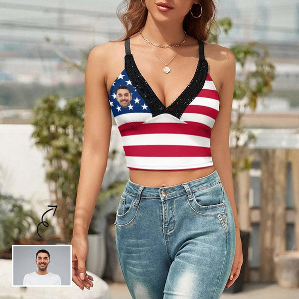 Custom Custom Face Flag Tops Women's Personalized V-Neck Crop Camisole Top for Independence Day - YesCustom